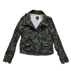 Gap Utility Jacket Olive Green Floral Camo Print XS Cotton Drawstring